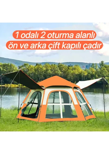 Tam Otomatik Su ve Rüzgar Geçirmez Gölgelikli Altıgen Çadır Aile Çadırı 280*240*155 cm